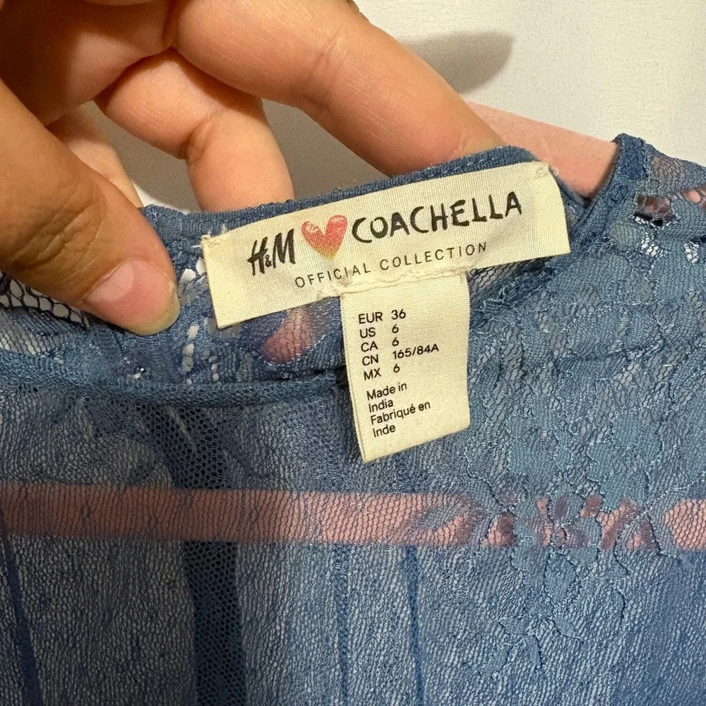 HM Loves Coachella Blue Lace Sheer Crop Top Button Back Size 6 Boho Festival